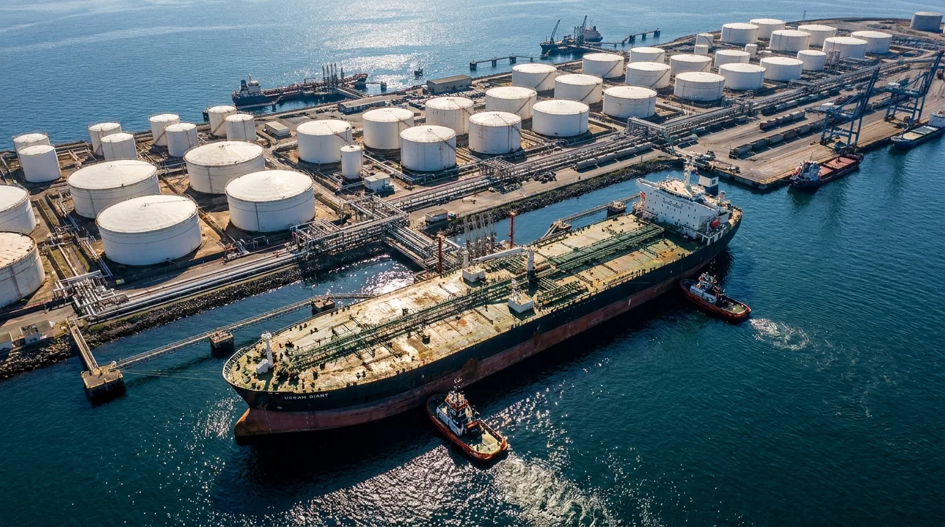 Aerial view of an oil tanker berthed at a marine port surrounded by petroleum storage tanks