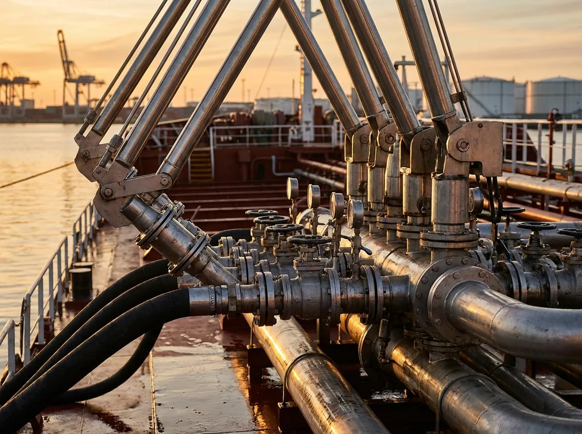 Marine loading arms and pipeline manifold on a tanker deck