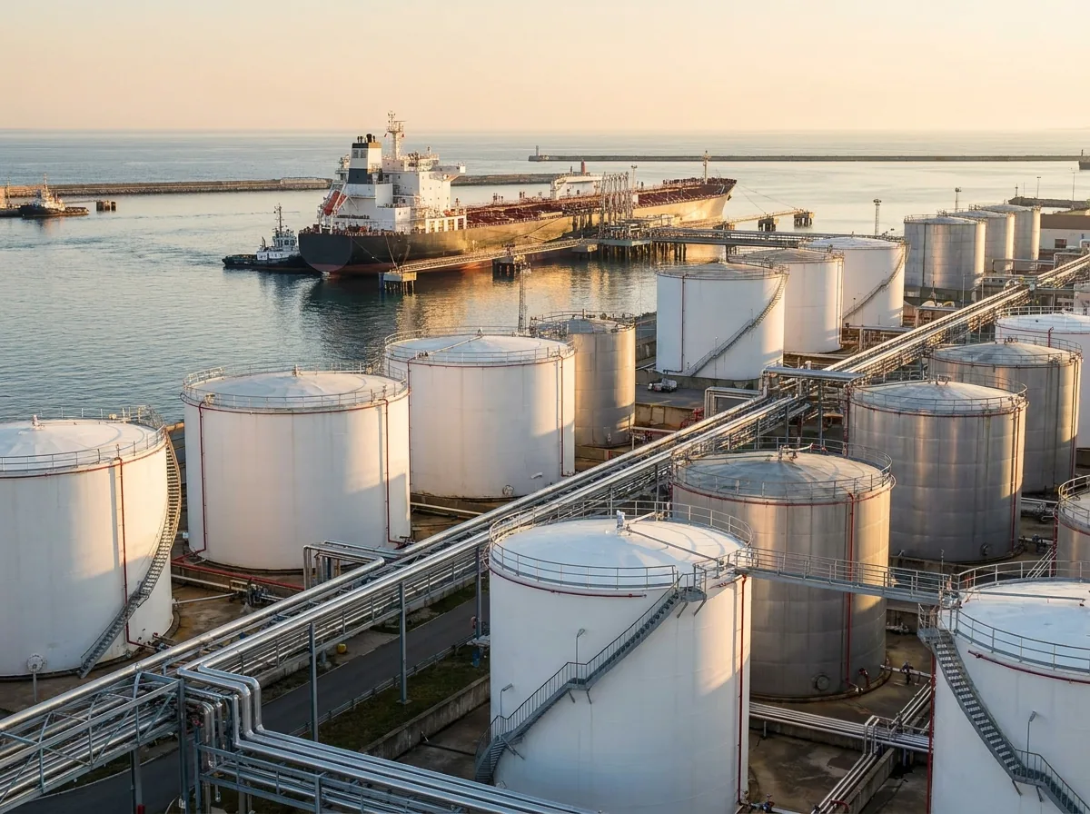 Petroleum product storage tanks at a seaport