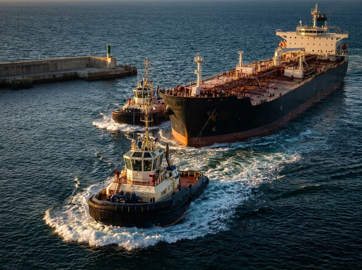 Tugboats berthing an oil tanker at a port entrance