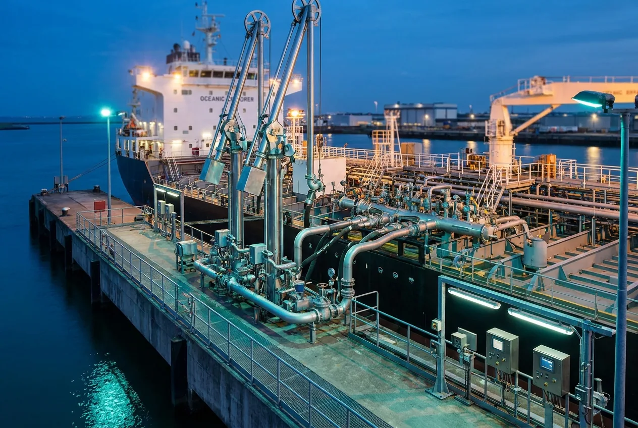 Petroleum products tanker discharging cargo at a port jetty via loading arms and pipelines