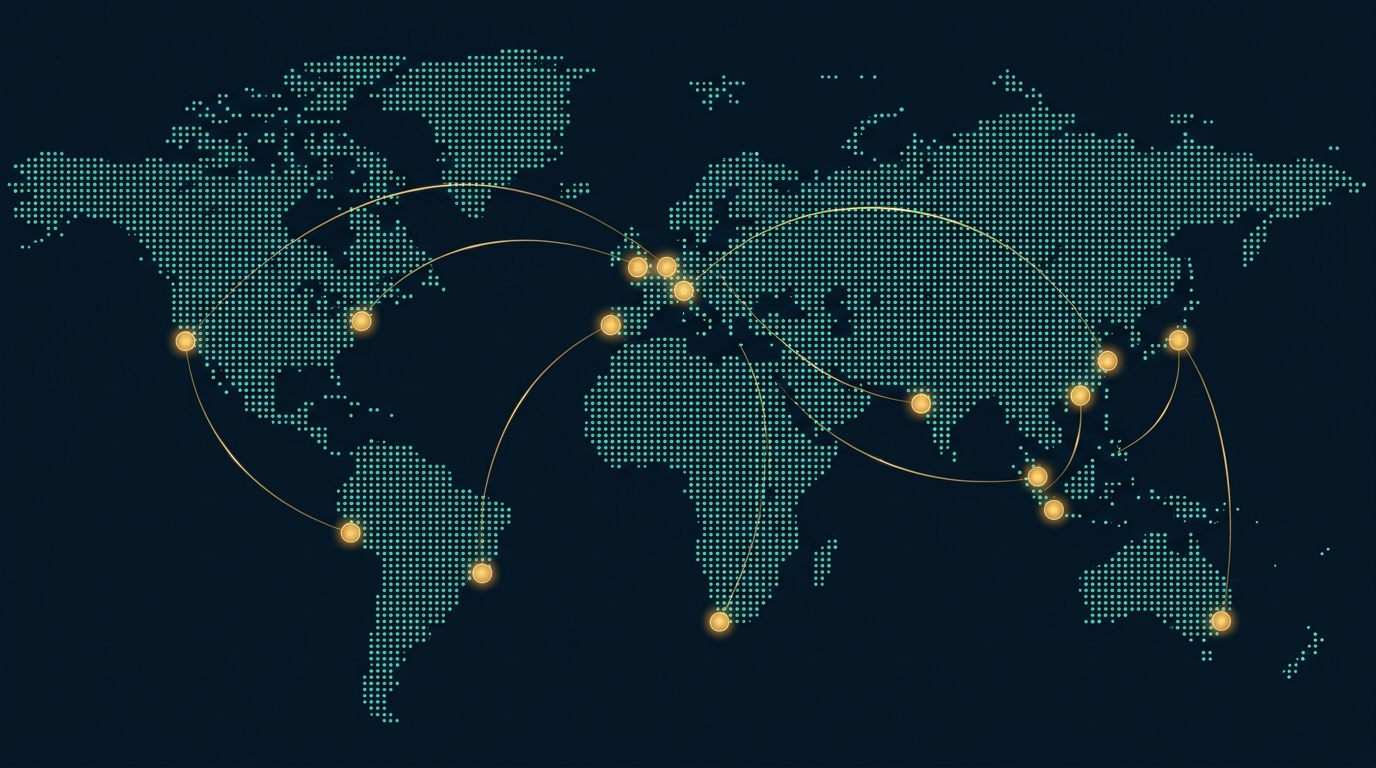 World coverage map showing global ports and maritime shipping routes